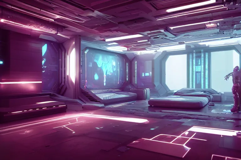 Image similar to cyberpunk alien concept inspired room, futuristic look, highly detailed body, very powerful, photorealistic camera shot, bright studio setting, studio lighting, crisp quality and light reflections, unreal engine 5 quality render