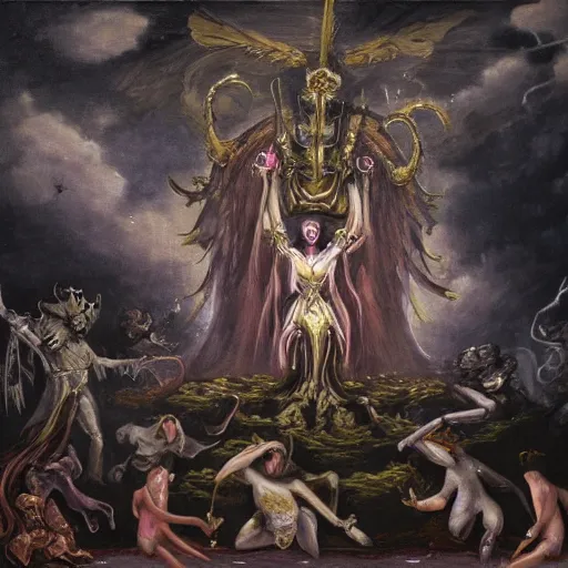 Prompt: a ghost queen triumphs over a legion of demons, a painting of an ancient kingdom under the rule of a ghost queen