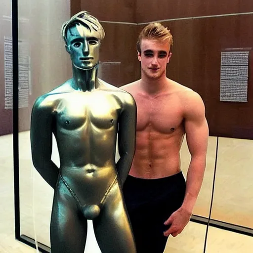 Image similar to “a realistic detailed photo of a guy who is an attractive humanoid who is half robot and half humanoid, who is a male android, British diver Jack Laugher & Chris Mears, shiny skin, posing like a statue, blank stare, at the museum, on display”