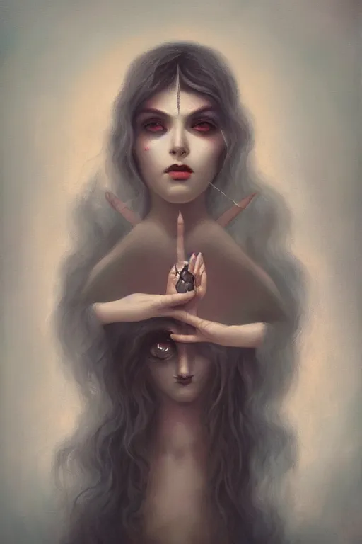 Prompt: a woman with a third eye, painting by tom bagshaw