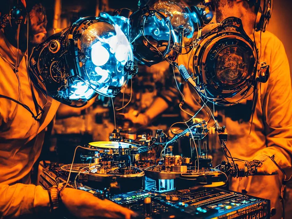 Image similar to a person wearing goggles and visor and headphones using a steampunk record player contraption, wires and tubes, turntablism dj scratching, intricate planetary gears, cinematic, imax, sharp focus, leds, bokeh, iridescent, black light, fog machine, hazy, lasers, hyper color digital art, cyberpunk