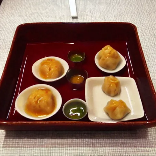 Image similar to delicious dumplings with chili sauce made by hayao miyazaki!!