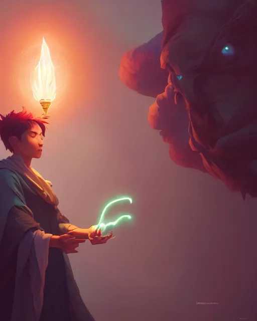 Image similar to highly detailed vfx portrait of an old mage casting a light spell, unreal engine, greg rutkowski, loish, rhads, beeple, makoto shinkai and lois van baarle, ilya kuvshinov, rossdraws, tom bagshaw, alphonse mucha, global illumination, detailed and intricate environment