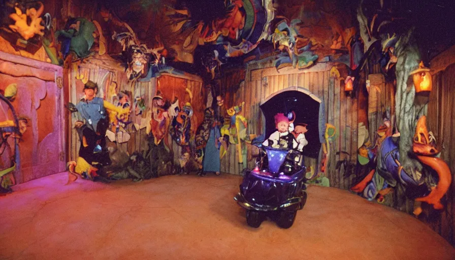 Image similar to 1990s photo of inside the Magic goats haunted house ride at Disney World in Orlando, Florida, children riding on robotic goats through a haunted house, cinematic, UHD