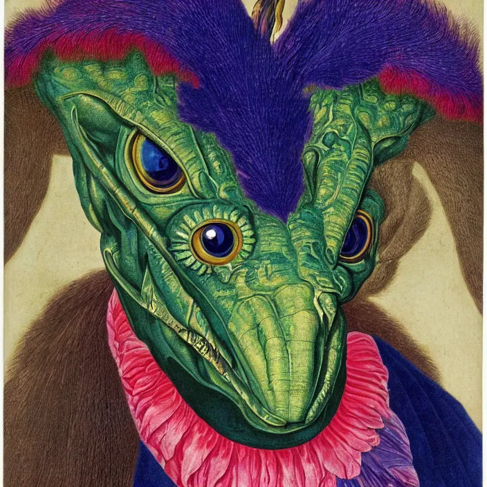 Image similar to close up portrait of a mutant monster creature with colorful exotic indigo iris eyes, crystal teeth, mantis composure. by jan van eyck, audubon