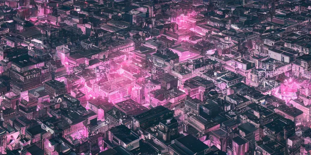 Prompt: a photo of 8k ultra realistic giant pink crystal that fell from the sky, aerial photo of victorian era manchester, , intricate white and gold neon, ornate, cinematic lighting, trending on artstation, 4k, hyperrealistic, focused, high details, unreal engine 5, cinematic