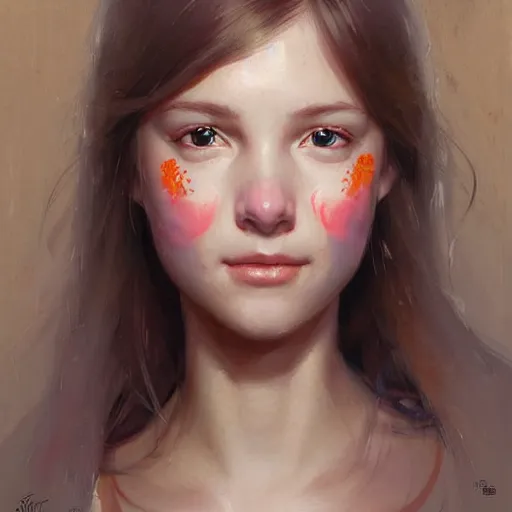 Image similar to Facial portrait of a cute shy girl, looking at the camera, slight awkward smile, lips slightly parted, no hands visible, blushing, intricate, extremely detailed painting by Greg Rutkowski and by Henry Justice Ford and by Steve Henderson and Moebius