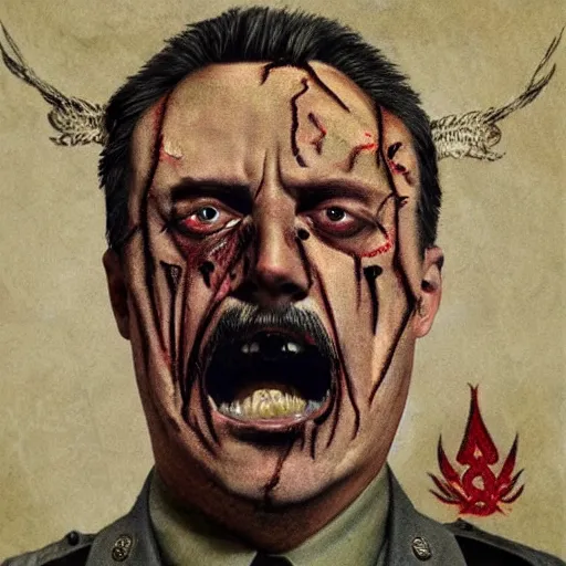 Prompt: igor ivanovich strelkov became an angry degraded satanic hellfire demonic abomination and calling for total mobilization, photo - realistic, color image, 2 k, highly detailed, bodyhorror, occult art