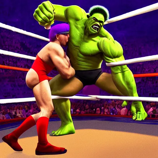 Image similar to Xavier Renegade Angel wrestling Hulk Hogan at Madison Square Garden, hyperrealistic, photorealistic, hdr, 4k, ultra hd, highly detailed, cinematic lighting