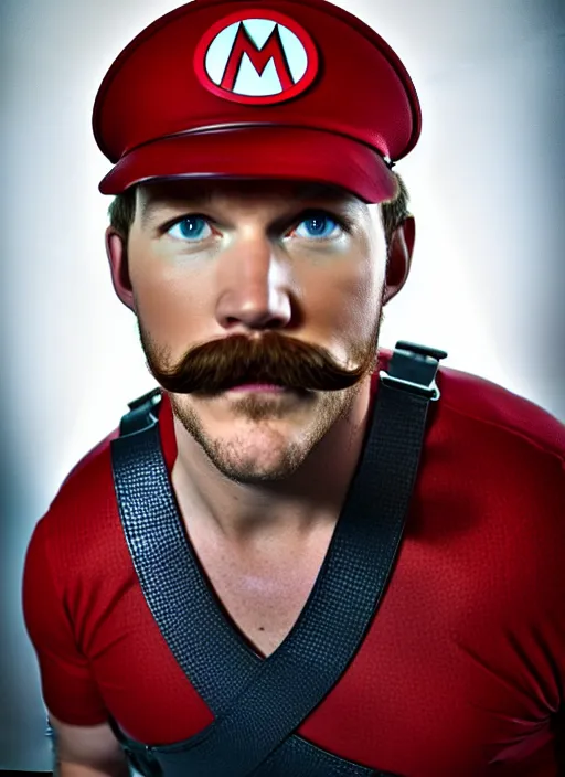 Image similar to chris pratt with a mustache dressed as mario, cosplay, detailed face, promo shoot, studio lighting