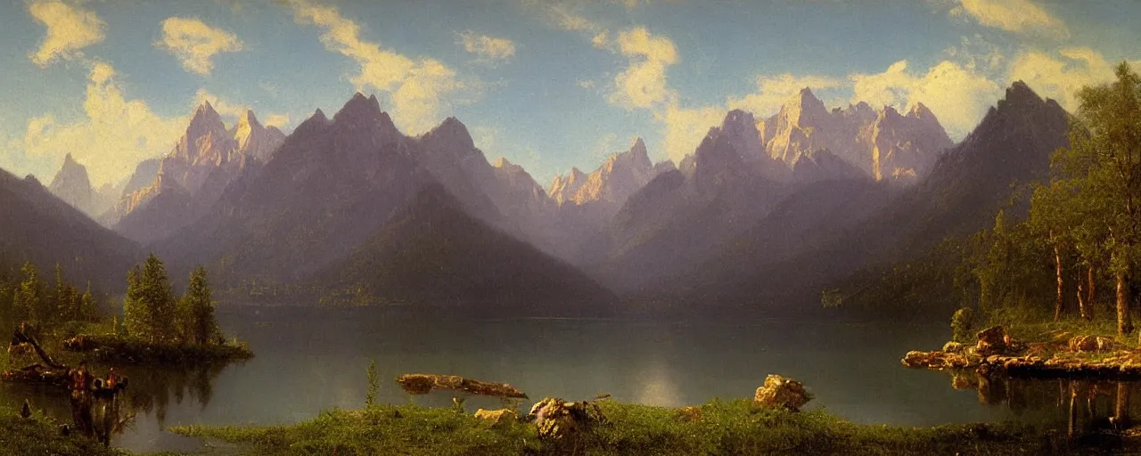 Prompt: mountains and lake by albert bierstadt, painting