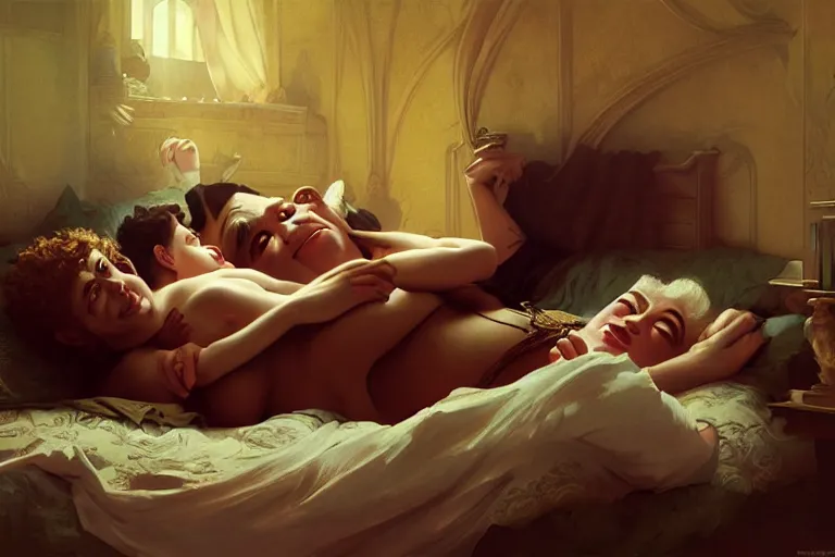 Image similar to russian poet alexander pushkin and shrek lying in bed together, portrait, highly detailed, digital painting, artstation, concept art, smooth, sharp focus, illustration, cinematic lighting, art by artgerm and greg rutkowski and alphonse mucha