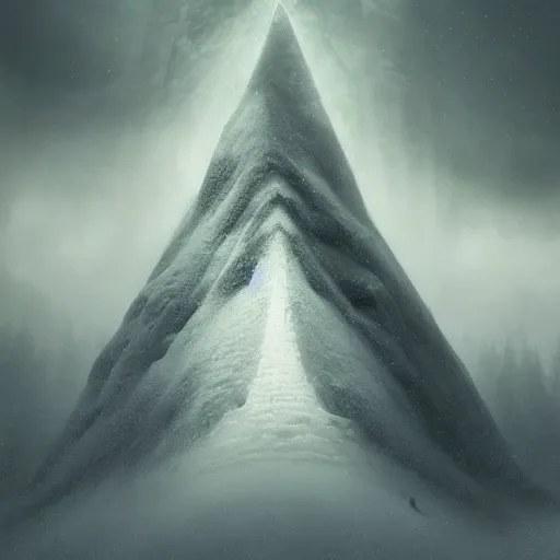 Image similar to cinematic shot epic portrait an snow pyramid in middle of an snowy forest, cloudy, foggy, blizzardy, broad light, ambient occlusion, volumetric light effect, made by ivan aivazovsky, peter mohrbacher, greg rutkowski, matte painting, trending on artstation, 4 k, perfectly defined features, digital painting, cinematic, epic, highly detailed,