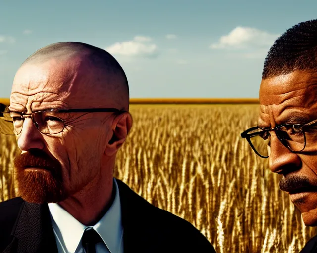 Image similar to walter white and gustavo fring stand facing each other from a distance in a wheat field, long shot, side view, 3 5 mm photograph, 8 k resolution, wide shot, sharp lens