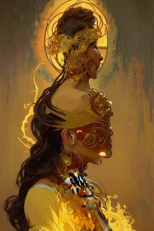 Image similar to A woman wearing golden mask, hair like fire, painting by greg rutkowski and alphonse mucha