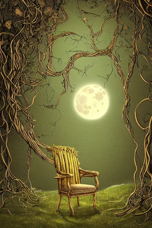 Image similar to a beautiful digital illustration painting of a detailed gothic fantasy full moon and roots, throne chair and vines by by benoit b. mandelbrot, howard arkley. 8 k resolution trending on artstation concept art digital illustration