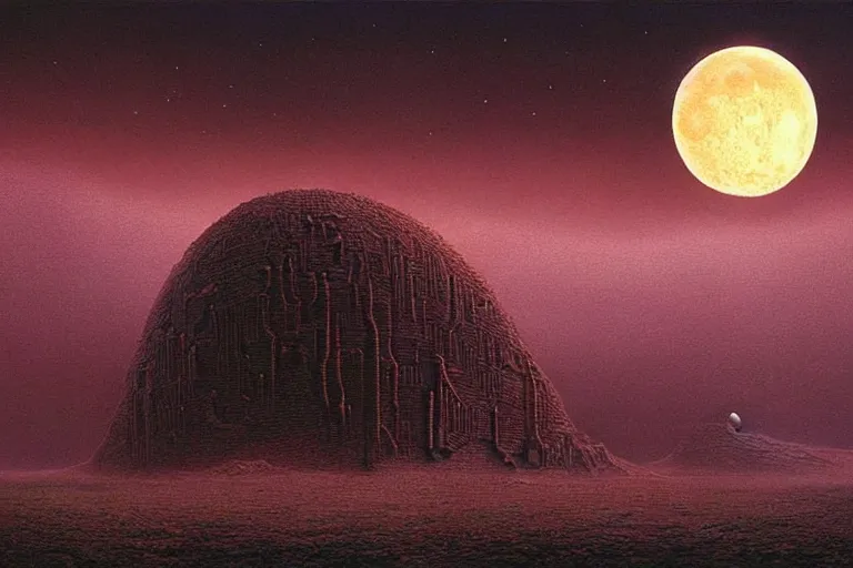 Image similar to a surreal and awe - inspiring science fiction landscape, skull moon in the sky looks like a skull, intricate, elegant, highly detailed matte painting by beksinski and simon stalenhag