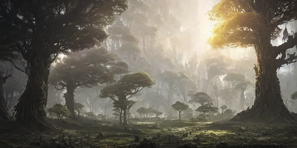 Image similar to a vast ancient tree city, greg rutkowski, 8 k, shallow depth of field, intricate detail, concept art,