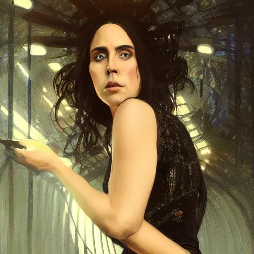 Prompt: Nicolas cage as a woman wearing a black dress, beautiful, intricate, highly detailed, digital painting, artstation, oppressive lighting, sci-fi concept art, sharp focus, illustration, art by greg rutkowski and alphonse mucha