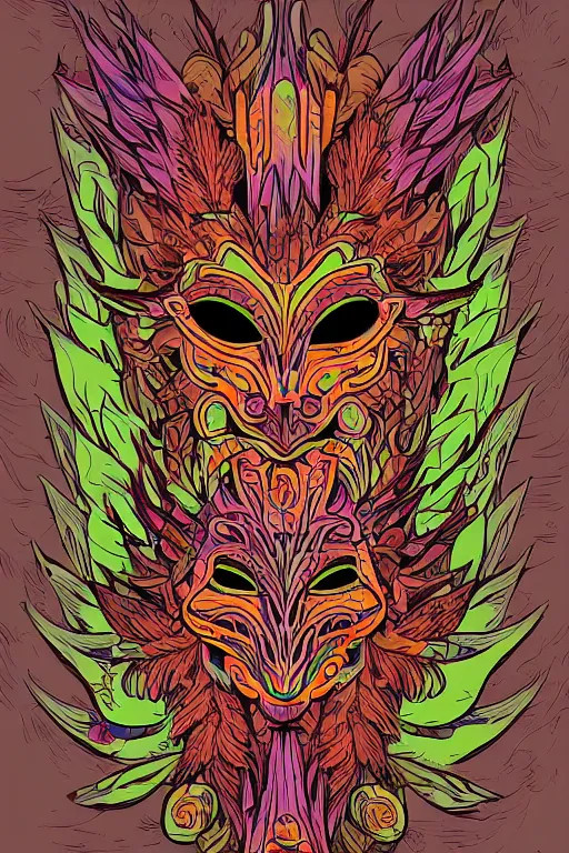 Image similar to animal mask totem roots flower tribal feather gemstone plant wood rock shaman vodoo video game vector cutout illustration vivid multicolor borderlands comics by josan gonzales and dan mumford radiating a glowing aura