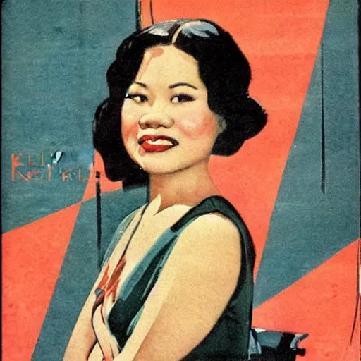 Image similar to Kelly Marie Tran portrait, color vintage magazine illustration 1950