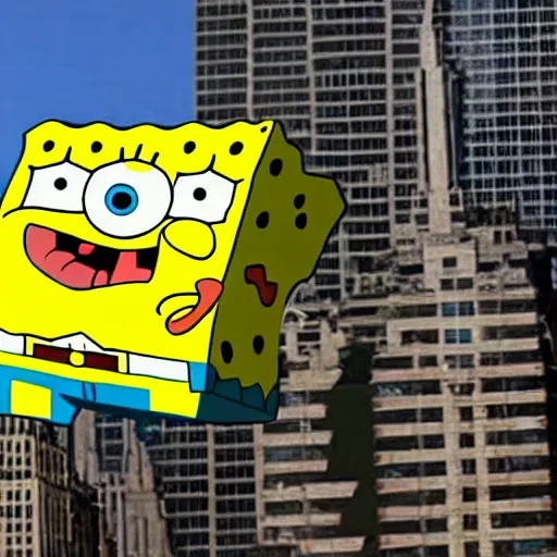 Prompt: giant sized spongebob squarepants destroying the twin towers in new york city