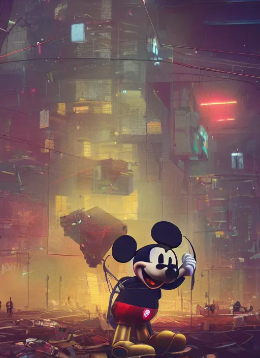 Image similar to giant destroyed head of robotic mickey mouse surrounded by people, inside of abandoned netflix office, cyberpunk, by beeple, dystopia, golden ratio, octane render, redshift, trending on artstation, 8 k