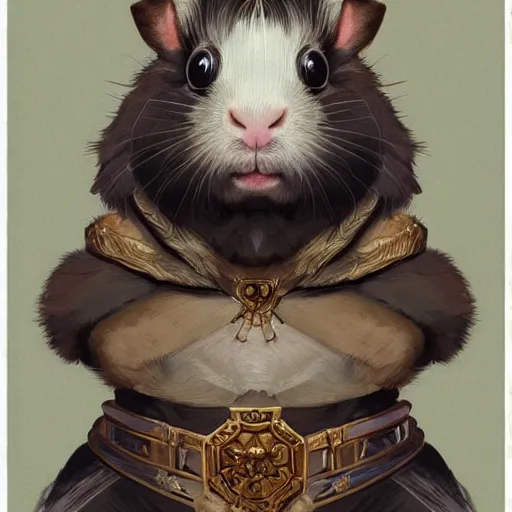 Image similar to A heraldic prince Guinea Pig with big cute eyes sitting up for a portrait photo, D&D, fantasy, intricate, cinematic lighting, highly detailed, digital painting, artstation, concept art, smooth, sharp focus, illustration, art by Akihiko Yoshida, Greg Rutkowski and Alphonse Mucha