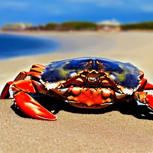 Image similar to crab on beach on sand, sea in the background, sun is shining