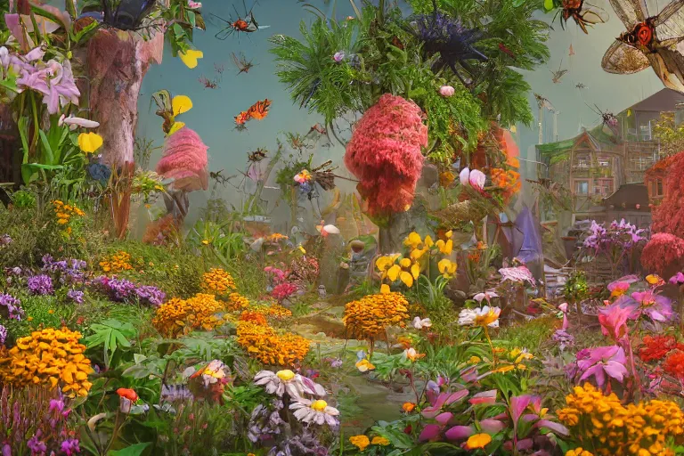 Prompt: super detailed color art, a lot of small garden flowers, A multiverse of insects, spiders and dragonflies, unreal engine, wes anderson color palette, 3d render, colorful, digital art, old wooden frame
