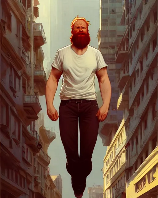 Image similar to wide angle of attractive red - headed bearded man wearing a white t - shirt levitating over the street below, arms spread wide, highly detailed, digital painting, artstation, concept art, smooth, sharp focus, illustration, art by artgerm, greg rutkowski, alphonse mucha, j. c. leyendecker