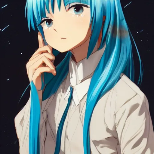 Prompt: profile shot of rimuru tempest looking forward, sky blue hair, ponytail, pretty, long bangs, gold eyes, black jacket with white stripes and a high collar, highly detailed, unreal engine 5, digital painting, concept art, cinematic, wlop | artgerm, pixiv, ilya kuvshinov, greg rutkowski, yoshitaka amano