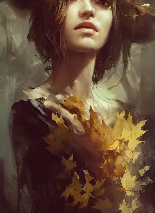 Prompt: golden leaves, beautiful portrait painting by jeremy mann, a female witch absurdly beautiful, elegant, ultrafine hyperrealistic detailed face illustration by wlop and artgerm and greg rutkowski, intricate linework, sharp focus, smooth, octopath traveler, final fantasy, unreal engine, dramatic lighting, ethereal, 8 k