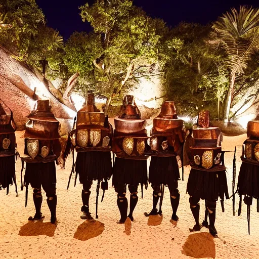 Image similar to A group of armoured Spanish conquistadors holding lanterns on a sandy beach Cove in middle of a magical forest in a dark night. Inca ruins in the background. Pale crescent moon in the sky. Award winning photography