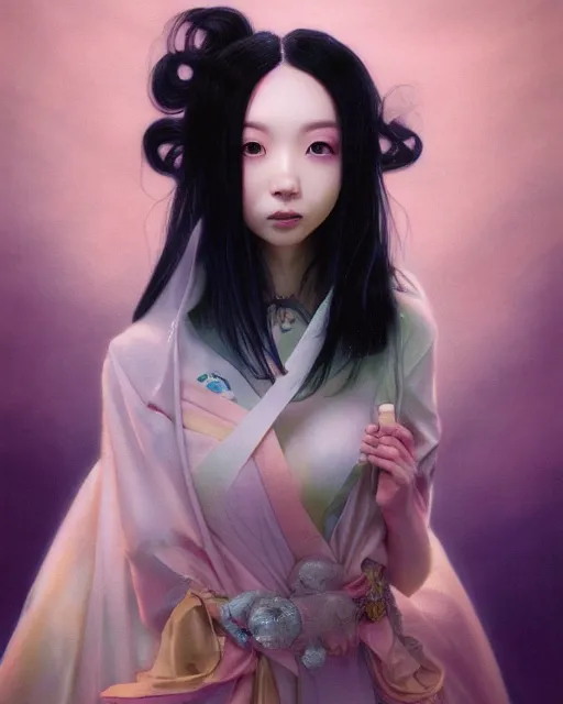 Prompt: beautiful japanese woman, long black hair, playful smile, hyperrealism, backlit, pastel color gradients, by keathe butcher and joe fenton and greg rutkowski, soft lighting, sharp details