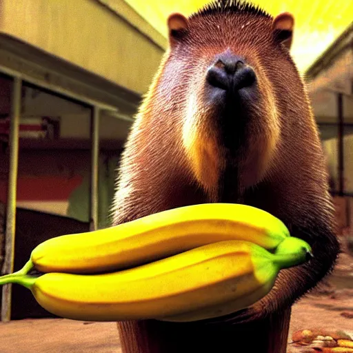 Prompt: capybara with a banana on top of its head. screenshot from max payne game