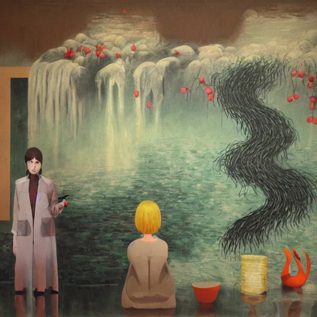 Prompt: painting of flood waters inside an apartment, tall female emo art student, a river flooding through a wall, tangelos, zen, pigs, ikebana, water, river, rapids, waterfall, black swans, canoe, pomegranate, berries dripping, acrylic on canvas, surrealist, by magritte and monet