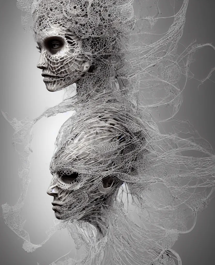 Image similar to close-up macro portrait of the face of a beautiful princess with lace mask, epic angle and pose, ribcage skeleton symmetrical artwork, 3d with depth of field, blurred background, cybernetic jellyfish female face phoenix bird, translucent, nautilus, energy flows of water and fire. a highly detailed epic cinematic concept art CG render. made in Maya, Blender and Photoshop, octane render, excellent composition, cinematic dystopian brutalist atmosphere, dynamic dramatic cinematic lighting, aesthetic, very inspirational, arthouse, Greg Rutkowski, Ilya Kuvshinov, WLOP, Stanley Artgerm Lau, Ruan Jia and Fenghua Zhong