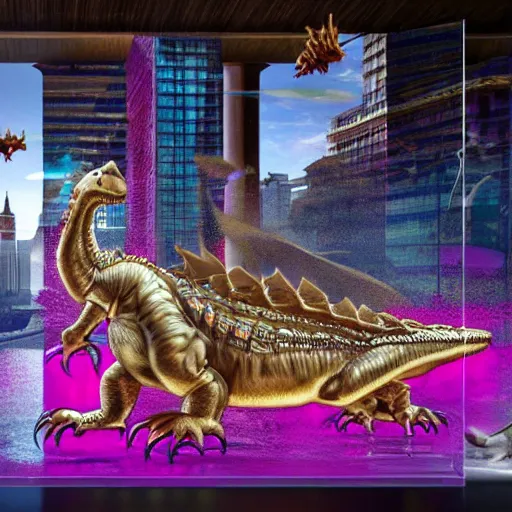 Prompt: dinosaurs and dragons in a city made of glass, set in the future, photorealism, pink and gold