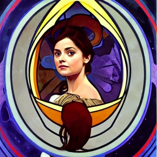 Image similar to jenna coleman as a star trek captain, a still from star trek painted by alphonse mucha.