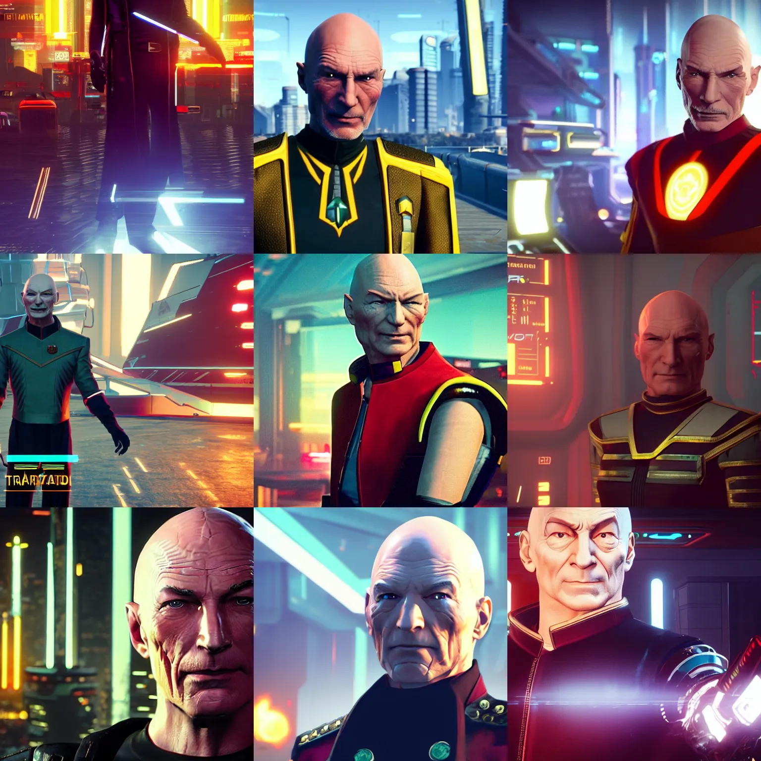 Prompt: evil tyrant captain picard tng, in cyberpunk 2 0 7 7 cp 2 0 7 7