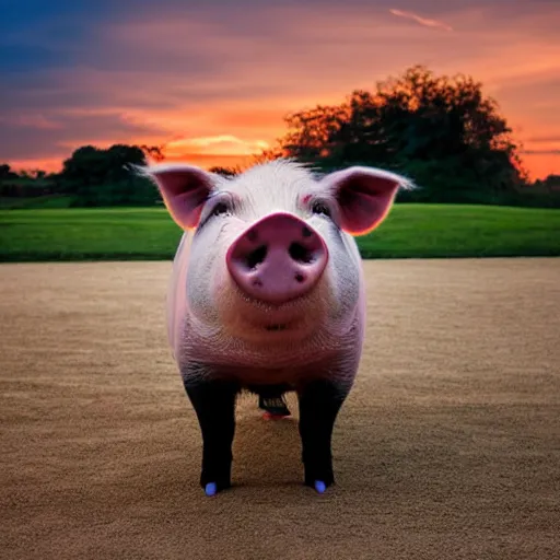 Image similar to a pig wearing a straw hat at blue hour, twilight, cool, award winning 4 k photo