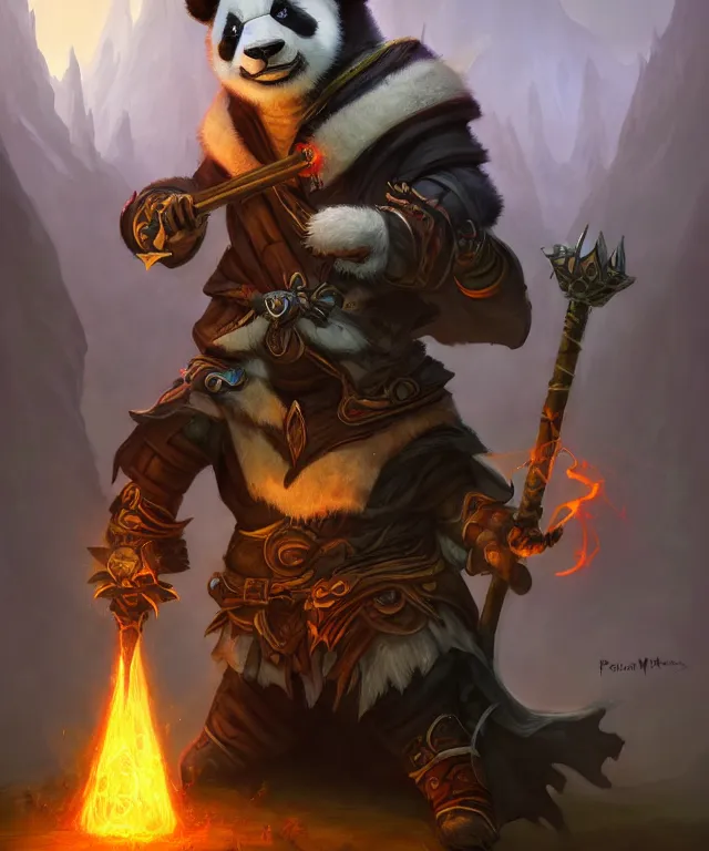 Image similar to a portrait an anthropomorphic panda warlock holding a staff, wearing warlock robes with spiked shoulders, landscape in background, dnd character art portrait, world of warcraft style, by peter mohrbacher, cinematic lighting