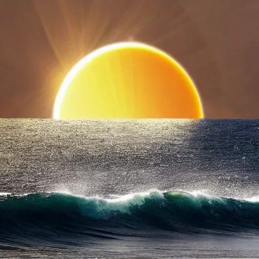 Image similar to the photo shows a large, disk - shaped object hovering in the sky above the ocean waves and mountains. the object appears to be surrounded by a golden bright aura. there is no sign of any engines or propulsion system. the photo was taken by a professional photographer.