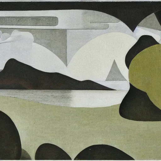 Prompt: painting of a lush natural scene on an alien planet by el lissitzky. beautiful landscape. weird vegetation. cliffs and water.