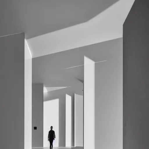 Image similar to liminal space by MC Escher, stucco walls, shiny floors, minimalist, stunning, light and shadows, suspended walkways