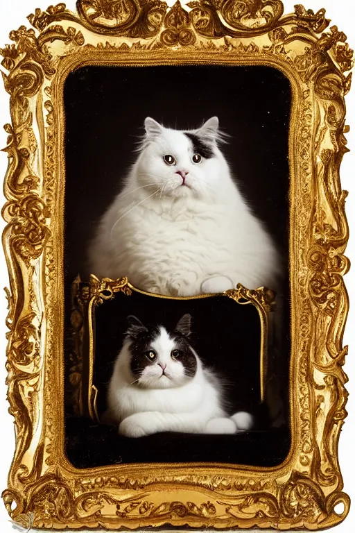 Image similar to a magnificent tintype portrait of a fluffy fat royal cat on an embroidered velvet cushion on a neo - rococo gilded little bed, by david lachapelle, photorealistic, photography, wide shot