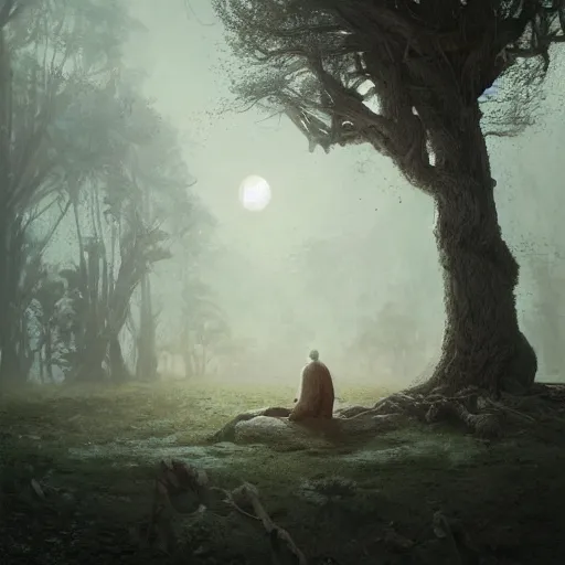 Prompt: a portrait of the last human on earth breathing the last tree thru oxygen tank, Matte painting , detailed painting, made by Greg Rutkowski, 4k resolution, atmospheric, breathtaking