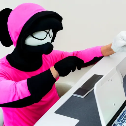 Image similar to Stock photo of a human burglar wearing a ski mask hacking into a pink Hello Kitty computer, funny, bizzare