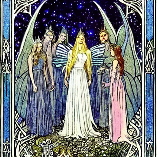 Image similar to Galadriel is crowned by fairies as their queen, the background is a fairy forrest, starry night, detailed, blue tones, silver, romantic, intricate fairy tale illustration from an old book by Walter Crane, Florence Harrison and Arthur Rackham